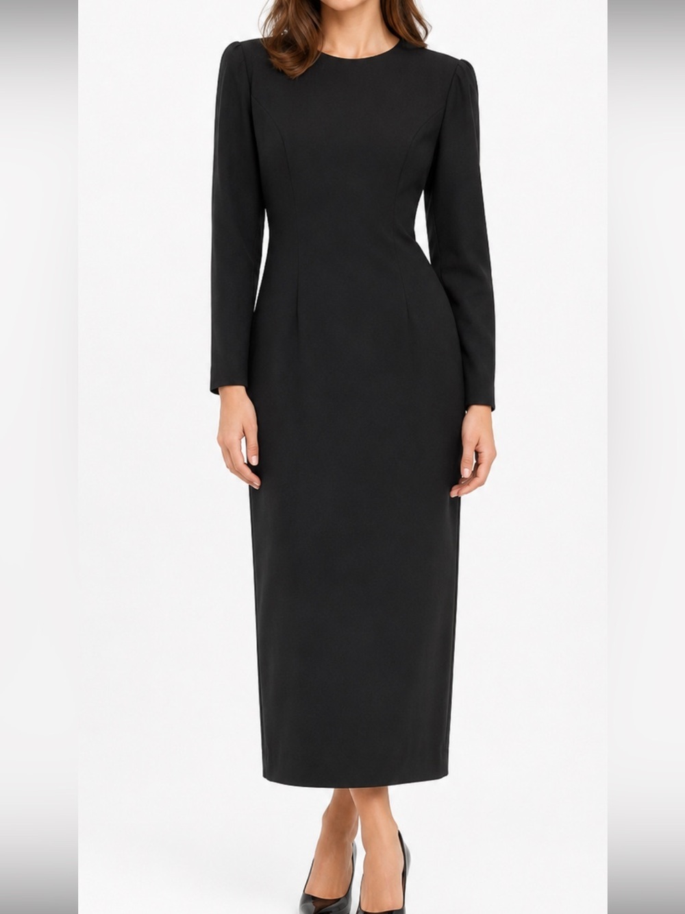 Vintage Classic Black Long Sleeve Midi Dress - Women